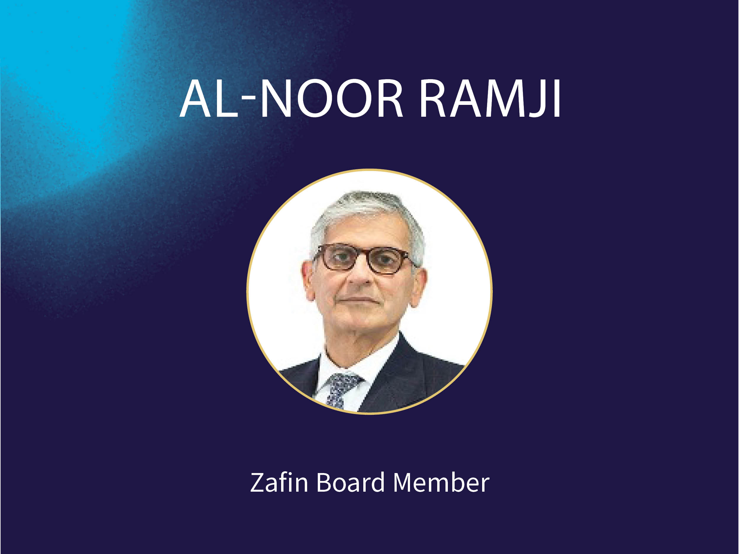 A circular portrait photo of Al-Noor Ramji to announce his incorporation as a new board of directors member.