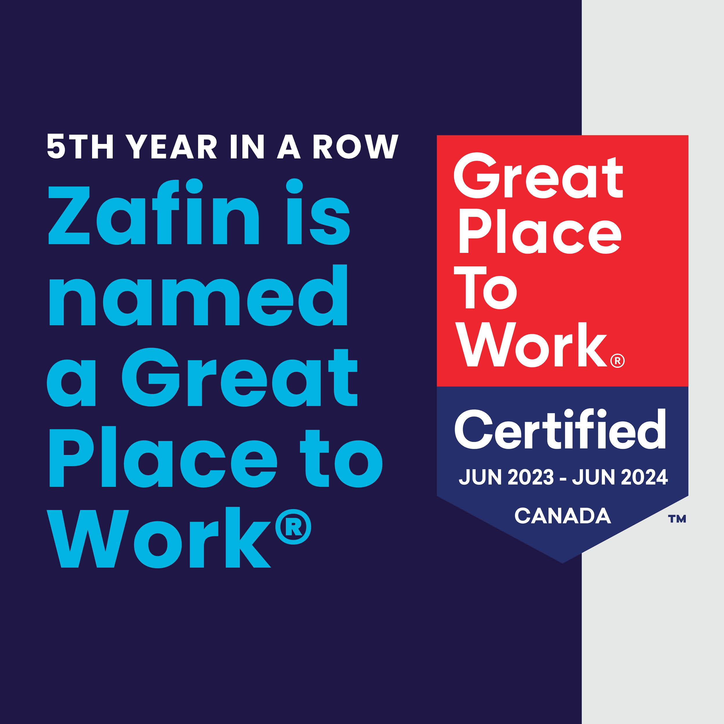 Zafin is named a Great Place to Work fifth year in a row.