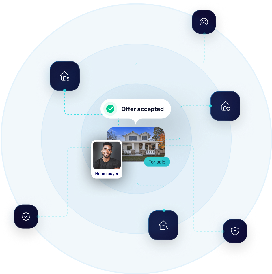 Home buyer connected to icons and services, with “Offer accepted” above a house for sale, showing a customer-centric financial journey.
