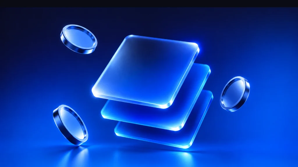Abstract blue digital banking graphic with layered glass panels and floating circular elements, introducing a blog on next-generation wealth management.